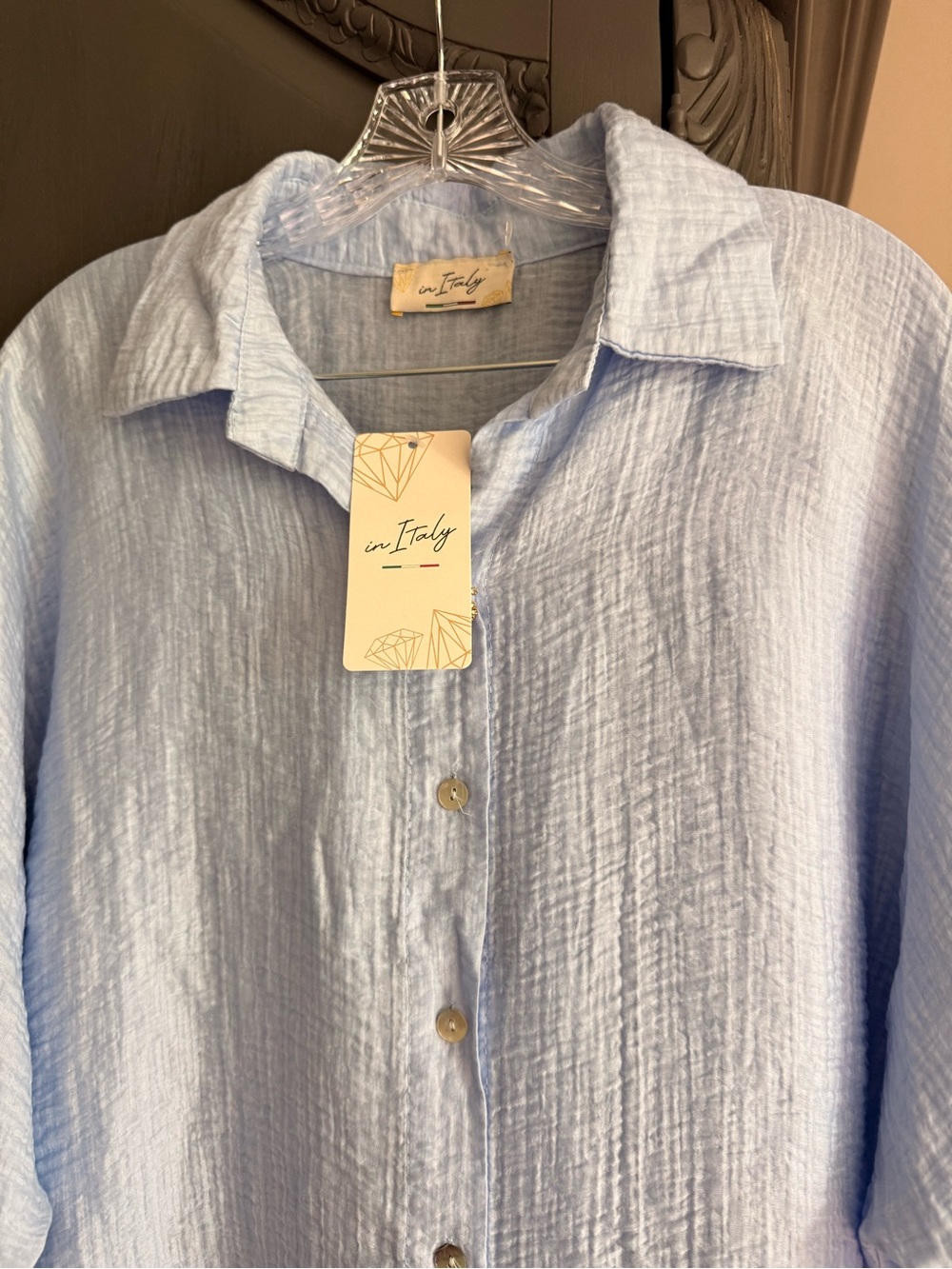 NWT In Italy Light Blue Women's Casual Button-Down Shirt and Pant Set